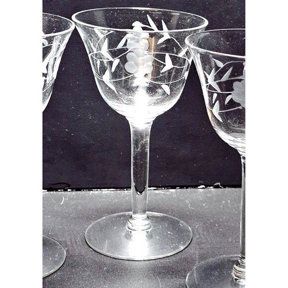 3 Vintage Floral Cocktail Glasses 5" etched Crystal coupe nostalgia Nick Nora - Picture 2 of 8